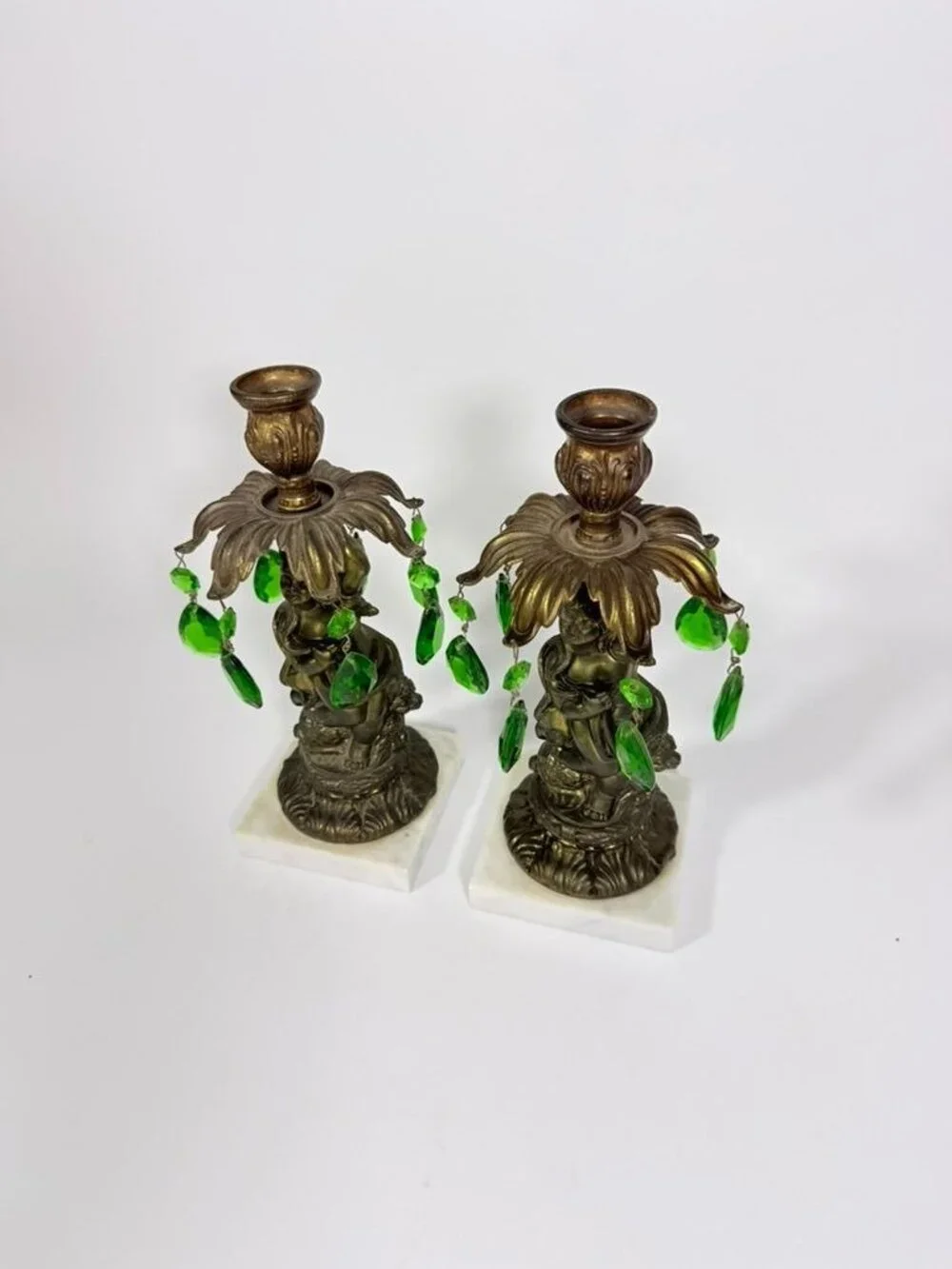 Candle Holders Bronze color Cherub Pair Set 2 Candleabra Italian Marble Bases It